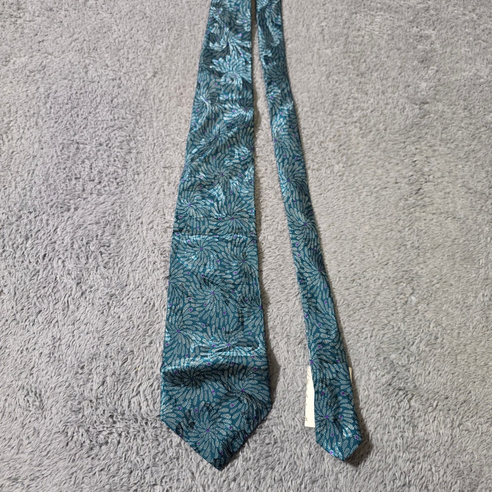 AKM Mens OS Necktie Teal Blue Swirl Floral Italian Silk Hand Made USA